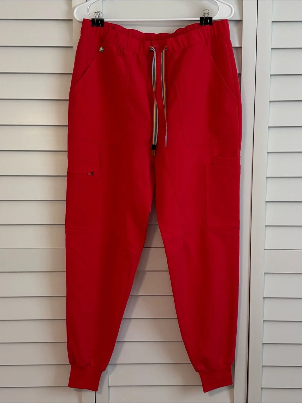 Figs men’s scrub set, medium. Dark coral/red with pride drawstring and tags.